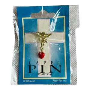 Vintage 1998 Autom Guardian Angel Heart Lapel Pin Gold Tone Religious NIP